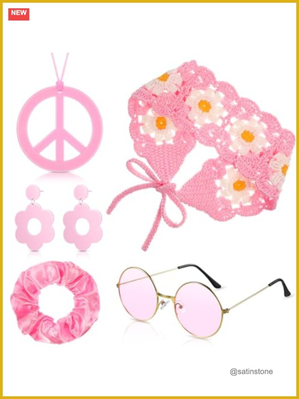 70s Hippie Costume Accessory Set 5 Pcs Retro Sunglasses Necklace Headband